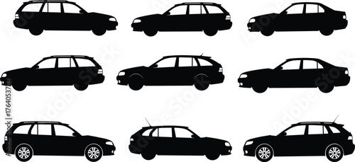 Car silhouettes collection, sedan, hatchback, SUV, automobile icons, transport vector, automotive design, vehicle body shapes, roof rack, side profile illustration