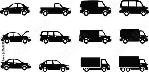 Vehicle silhouettes set, sedan, pickup truck, cargo van, minivan, box truck, automobile icons, transport vector, automotive design, car body illustration