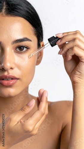 Young woman applying facial serum on clean skin