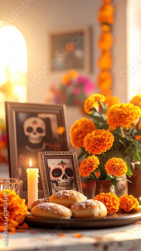 Dia de muertos altar with candles and marigold flowers