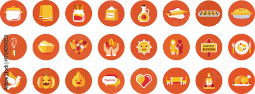 24 Autumn and Thanksgiving Icons in Round Badges with Earthy Orange Palette