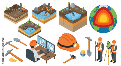 Isometric illustration depicting geological processes, mining operations, earth's layers, and surveying, featuring tools, equipment, and workers in vests and helmets.