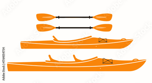 Two orange kayaks and two paddles are displayed against a white background in a simple, flat vector illustration.