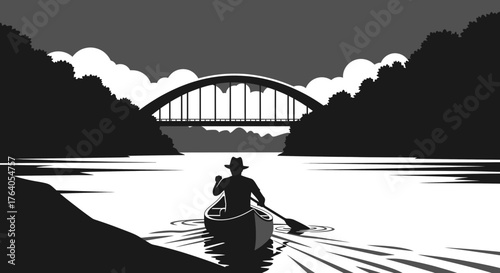 Silhouette of a man paddling a canoe on a river towards a bridge, surrounded by trees under a cloudy sky.