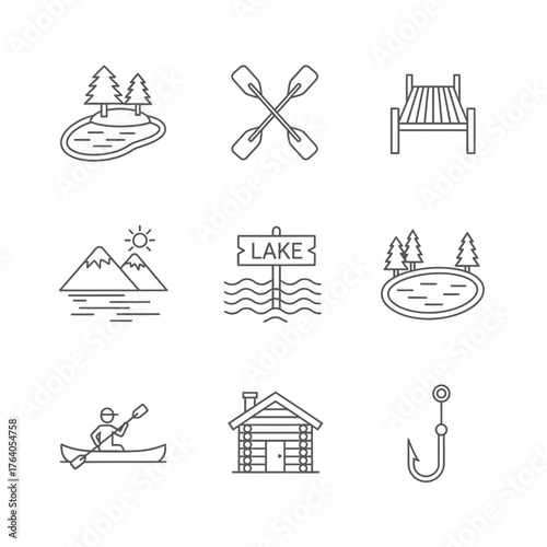 Line art icons depicting lake activities: island, paddles, dock, mountains, sun, lake sign, canoe, cabin, and fishing hook.