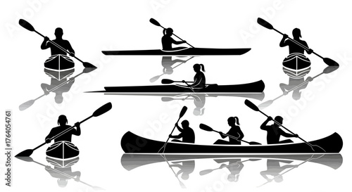 Silhouette illustrations of people kayaking and canoeing in various positions, reflected on the water surface.