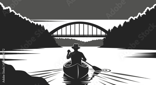 Silhouette of a person paddling a canoe on a river under an arched bridge, surrounded by trees.