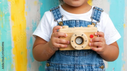 south asian toddler with wooden toy camera