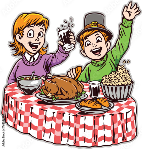 Brother and sister cartoon having thanksgiving dinner