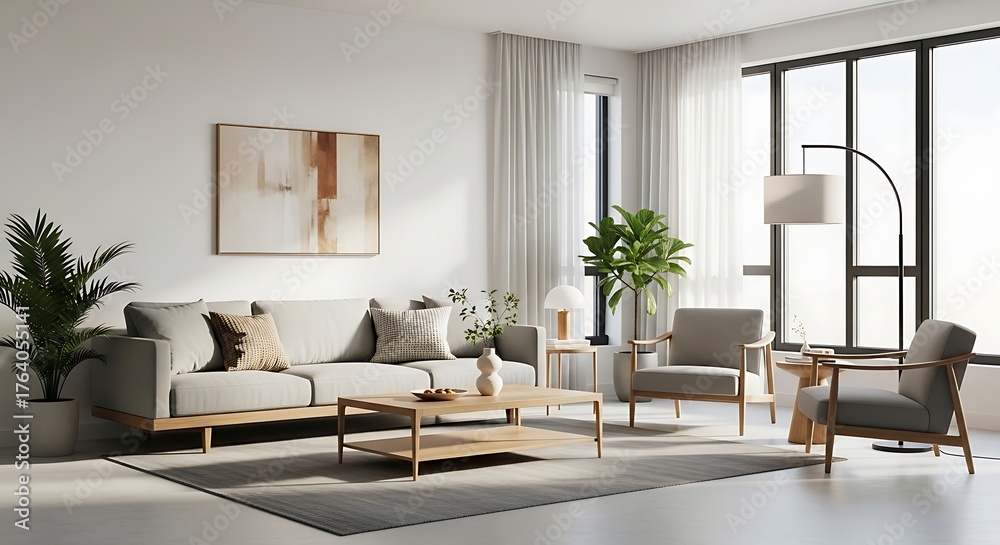 Fototapeta premium Modern living room interior featuring minimalist design, comfortable furnishings, and abundant natural light