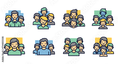 Eight colorful icons each depicting a diverse group of people