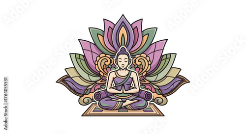 A figure meditates lotus pose, set before a colorful stylized lotus blossom