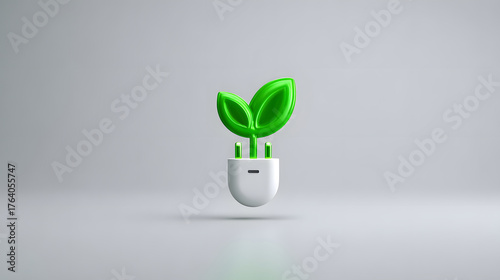 Green leaf eco energy sustainable power green technology renewable concept minimal design white background electric plug glowing leaf clean energy with calm mood