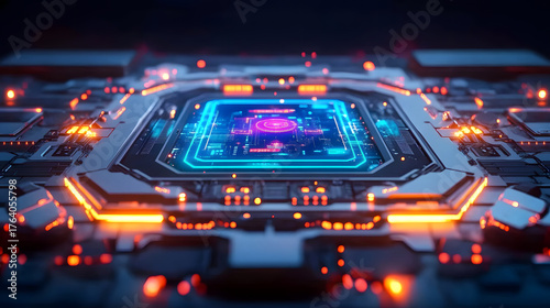 Futuristic interface neon circuit cyberpunk glow digital core sci fi chip holographic display high tech board glowing lights energy ring data grid Futuristic interface with neon circuit