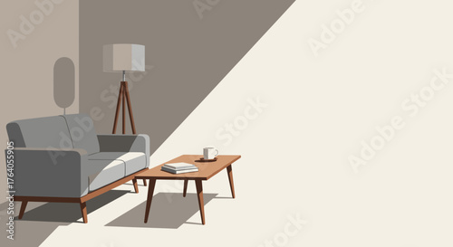 Modern living room with gray sofa and wooden coffee table  