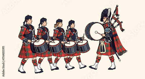 Scottish drum band in tartan uniforms marching for Hogmanay parade and national celebration design