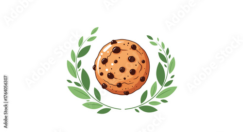 Chocolate Chip Cookie Surrounded by Green Laurel Wreath.