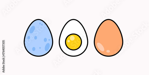 Three eggs in different colors blue with spots, white with yellow yolk, and orange simple and cute hand drawn vector illustration for Easter designs, food icons, or minimal cartoon style