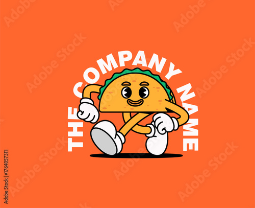 Hand drawn vector illustration of a walking taco mascot with arms, legs, and a smiling face for restaurant logos, fast food branding, or Mexican food business identity in a colorful