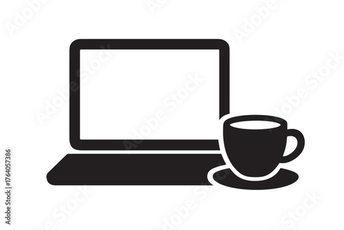 Black silhouette of laptop computer next to a coffee cup and saucer vector