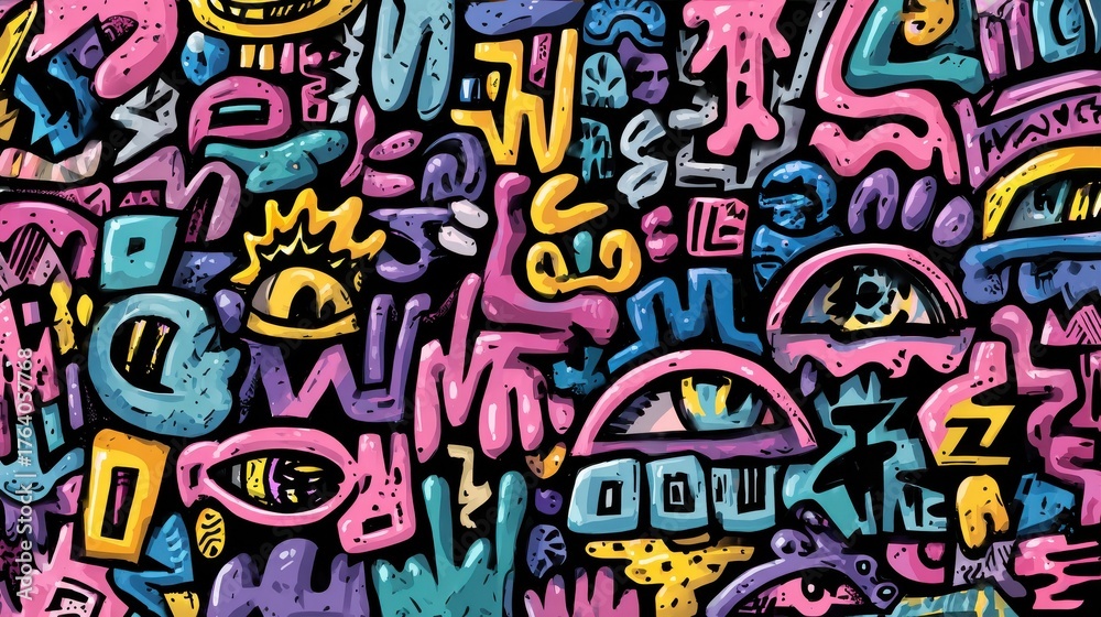 Obraz premium abstract pastel doodle graffiti with bold outlines 90s vibe