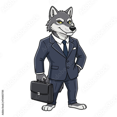 Anthropomorphic wolf in business suit holding a briefcase, symbolizing corporate professionalism and ambition