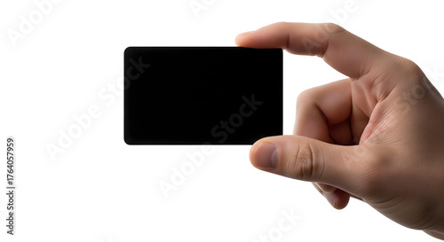 A hand holding a blank black card for customization or presentation, isolated on transparent background	
