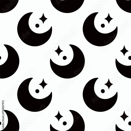 Simple moon star hand drawn Halloween seamless pattern on white background. Vector wallpaper illustration repeat design for fabric print, sticker, cover, wrapping.