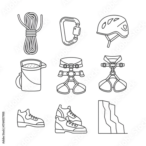 Collection of essential rock climbing and mountaineering equipment icons, ideal for illustrating outdoor adventure, safety, and the exhilarating sport of ascending heights