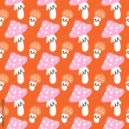 Simple fly agaric hand drawn Halloween seamless pattern on orange background. Vector wallpaper illustration repeat design for fabric print, sticker, cover, wrapping.