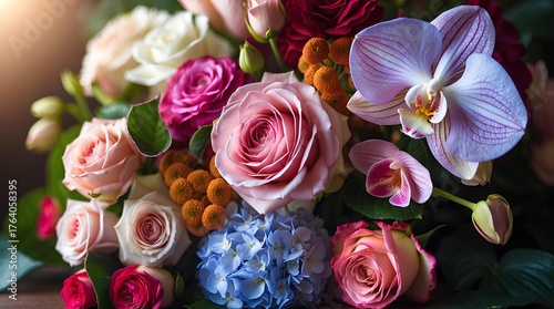 Fototapeta Naklejka Na Ścianę i Meble -  a stunning array of roses  orchids  and vibrant hydrangeas