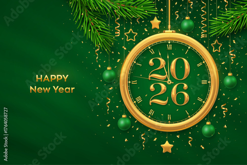 Happy New Year 2026. Golden New Year countdown clock with numbers 2026. Bauble balls, gold metallic stars, confetti on green background. New Year greeting card or party invitation. Vector illustration