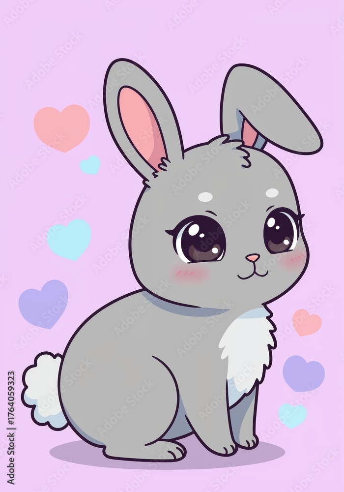 Fototapeta premium Cute Bunny with Hearts: A charming cartoon bunny with big, expressive eyes and soft grey fur sits amidst a scattering of pastel hearts, conveying warmth and affection. 