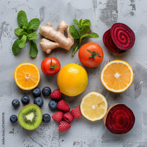 Colorful assortment of fresh fruits, berries, and vegetables arranged on gray textured surface
