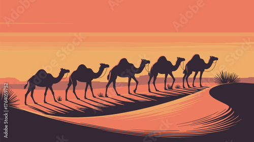 Caravan Camels Desert Silhouette Scenic Vector Illustration