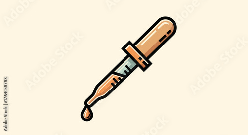 Illustrated dropper dispensing a drop of liquid. Isolated on a plain, pale-yellow background