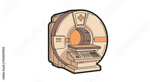 Illustration of a medical scanner, a circular machine with a table and control panel