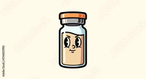 A cartoon vial with a face and smug expression, filled with beige liquid, on a beige background