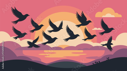 Silhouettes Birds Flying Sunset Sky Vector Illustration
