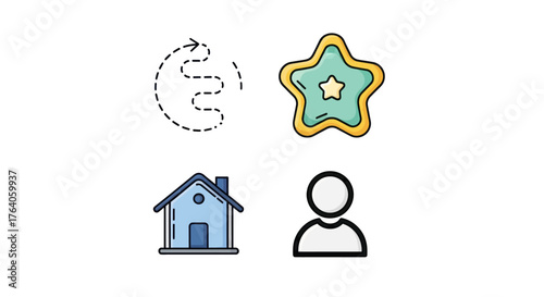 Vector illustration showing four icons arrow path, star, house, and person, all with colorful outlines