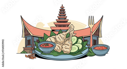 A plate of fried food, cucumbers, and sauce in front of stylized buildings