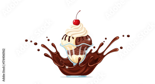 Delicious Chocolate Ice Cream Sundae with Cherry and Splash.