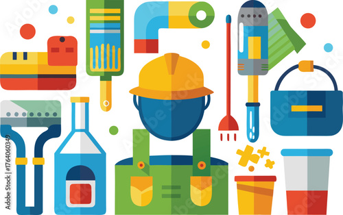 Colorful construction worker graphic with essential tools for building projects, including bucket, wrench, pipes, and paint brushes in a modern flat design