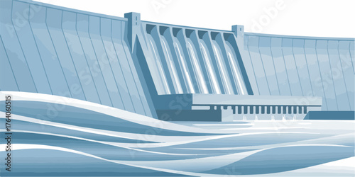 Dam Structure Illustration with Water Waves and Smooth Geometric Design