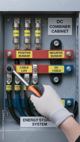 Energy storage system maintenance on DC combiner cabinet with fuse and positive busbars for electrical safety and power management in industrial setup