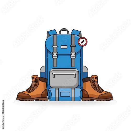 Essential outdoor adventure gear a robust blue hiking backpack, a rolled sleeping bag, and durable brown trekking boots, perfectly set for wilderness exploration and travel