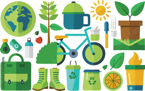 Eco-friendly lifestyle elements promoting sustainability and a greener planet through recycling, biking, and gardening essentials for environmental awareness