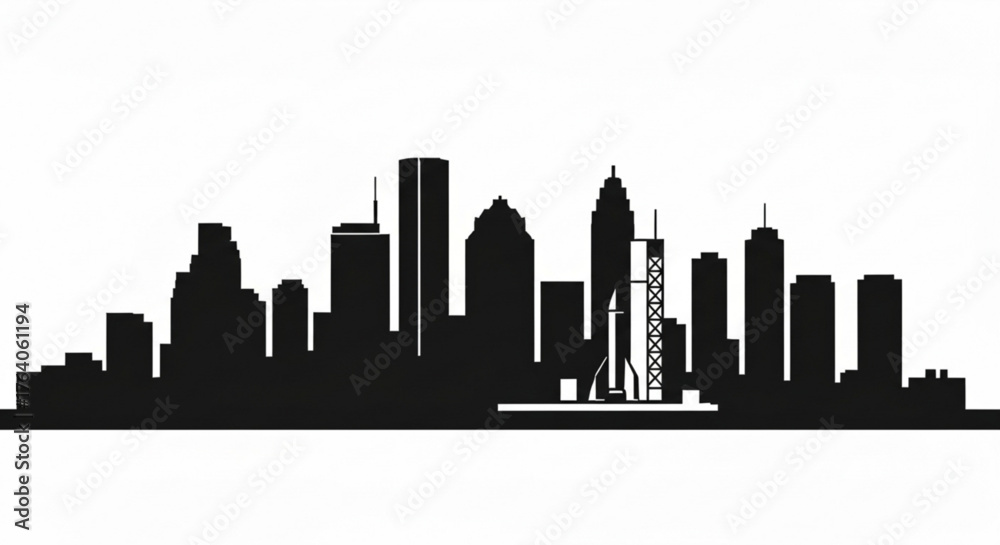 Fototapeta premium Silhouette of a city skyline with tall buildings and a rocket launch structure in the foreground