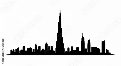 Silhouette of dubai skyline with burj khalifa and other buildings against a white background view