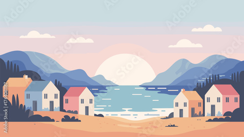 Coastal Homes Seascape Scenic Vector Illustration